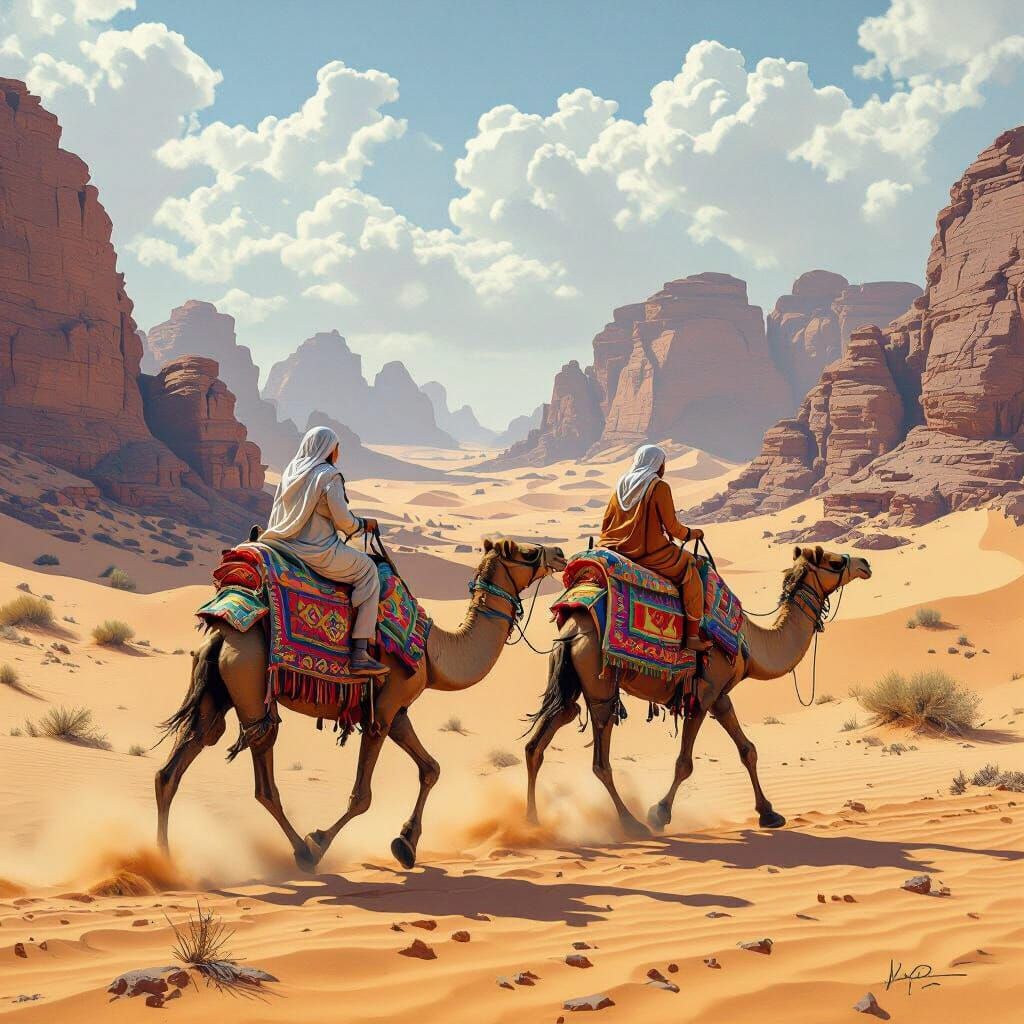 Camels in Arabian Desert: Pencil Sketching Style