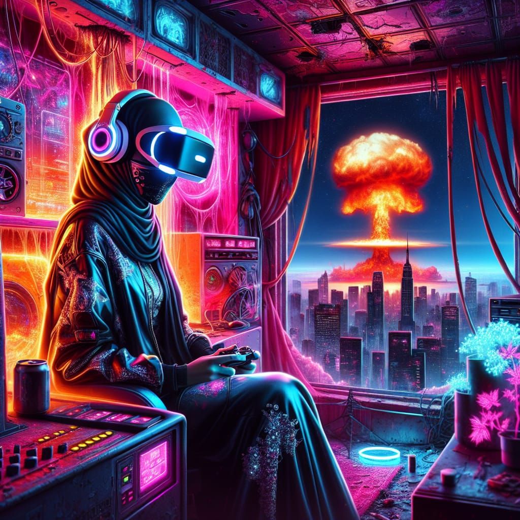 Cyberpunk Gamer Girl in Dystopian Sanctuary