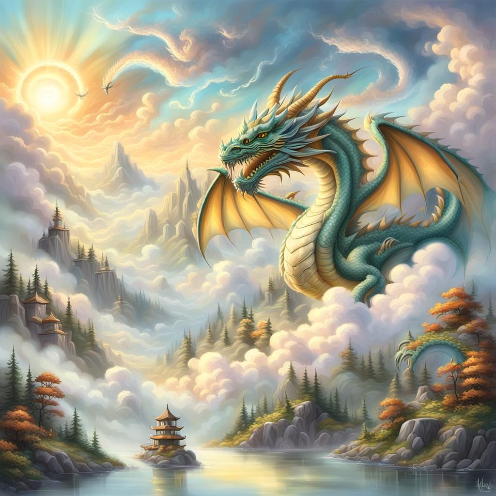 Ethereal Dragon in Misty Cloudscape: Fantasy Art