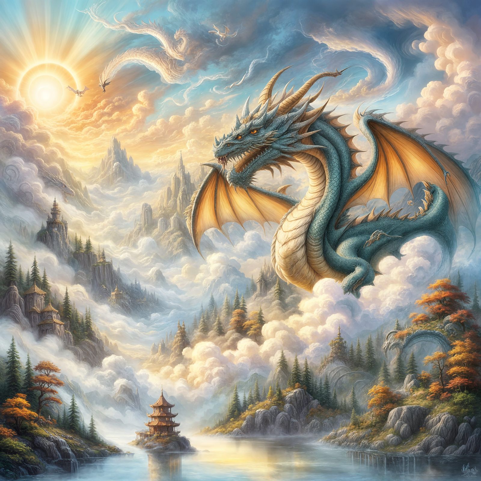 Ethereal Dragon in Misty Fantasy Sky