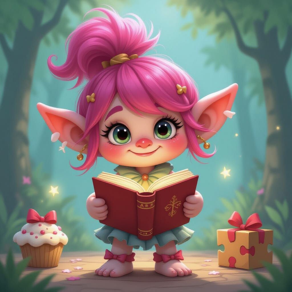 Whimsical Pink Troll with Gift Bow Ears and Book Head