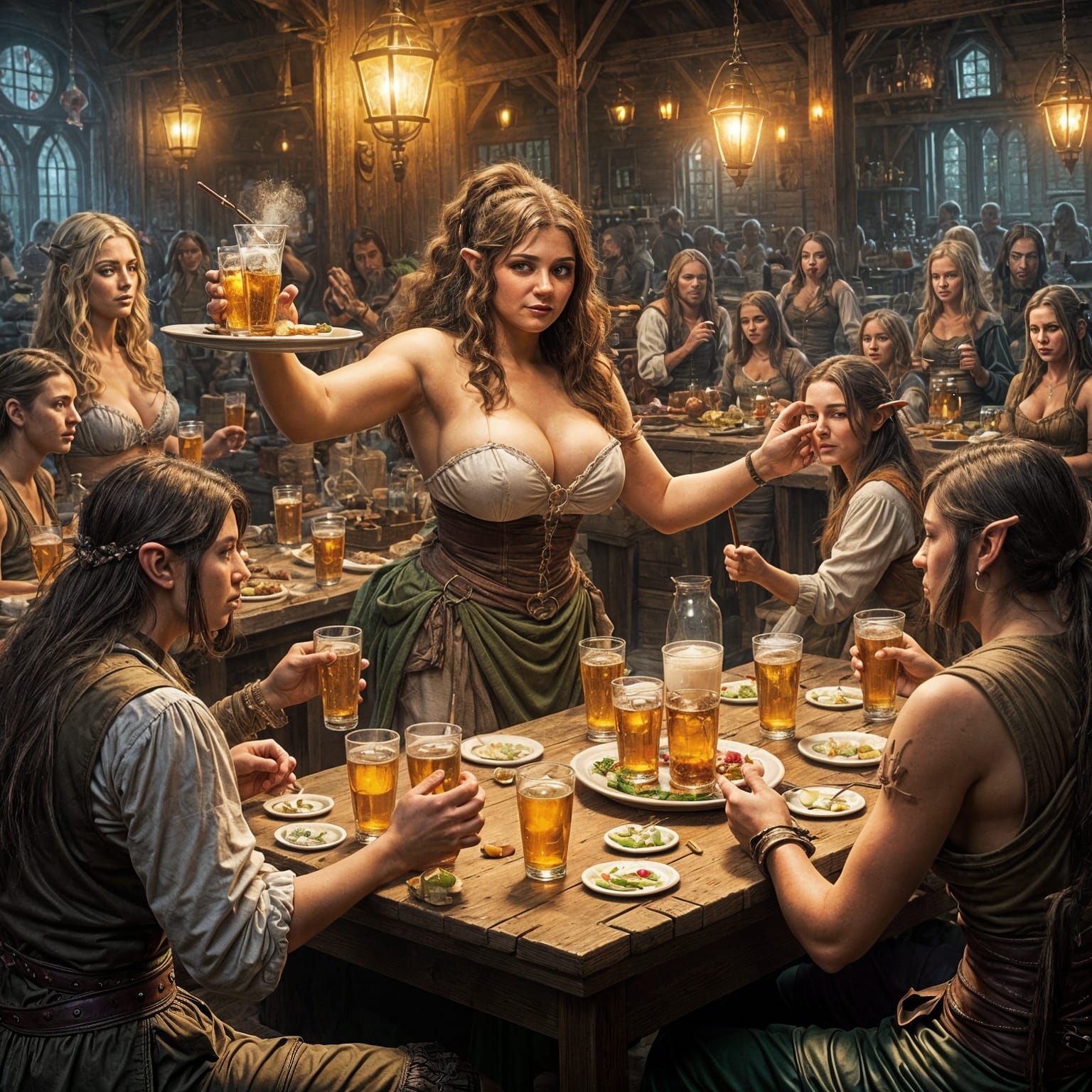 Vixen Serving Drinks to a Table of Elves in a Tavern Setting
