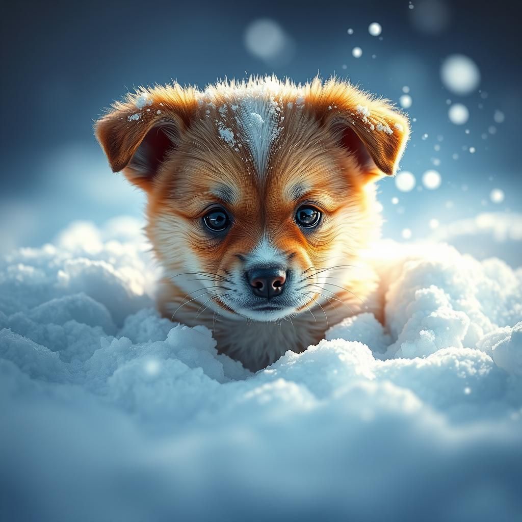 Cute Puppy in Snow: Hyperrealistic Splash Art