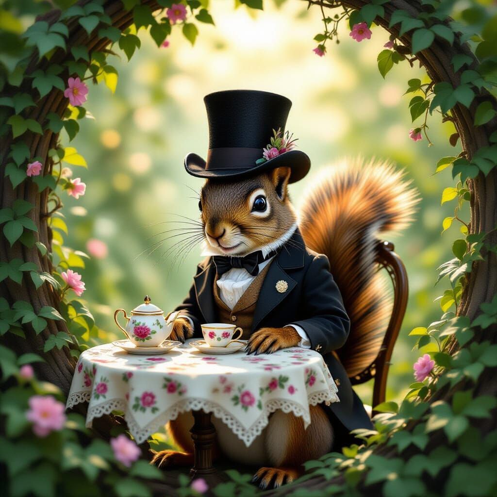 Victorian Gentleman Squirrel Enjoys Tea in Enchanting Garden