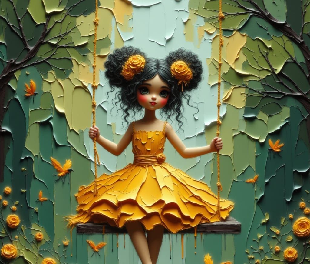 Happy Girl on Swing in Park - Concept Art Portrait