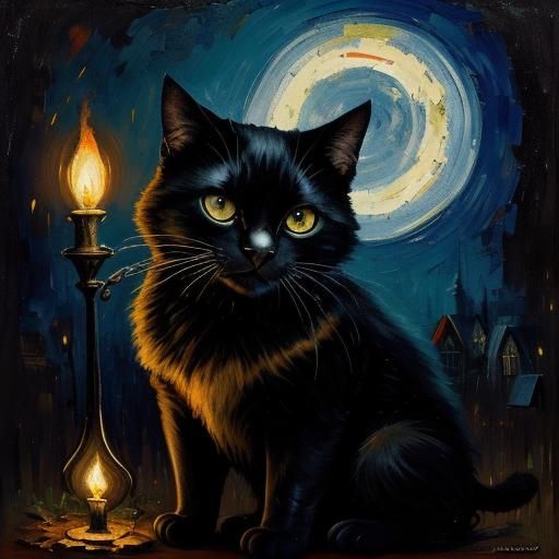 Black Cat in Magical Art Museum: Impasto Painting