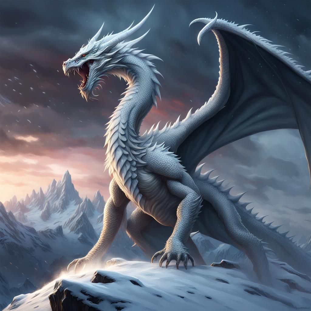 evil white dragon with horns and spines, and claws and fangs roaring at the sky, standing on top of a snowy mountain, in...