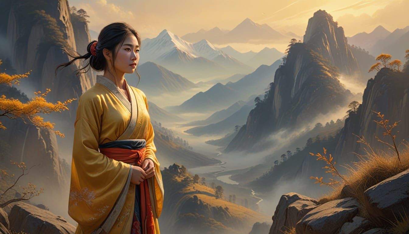 Asian Girl in Mountain Landscape: Oil Painting