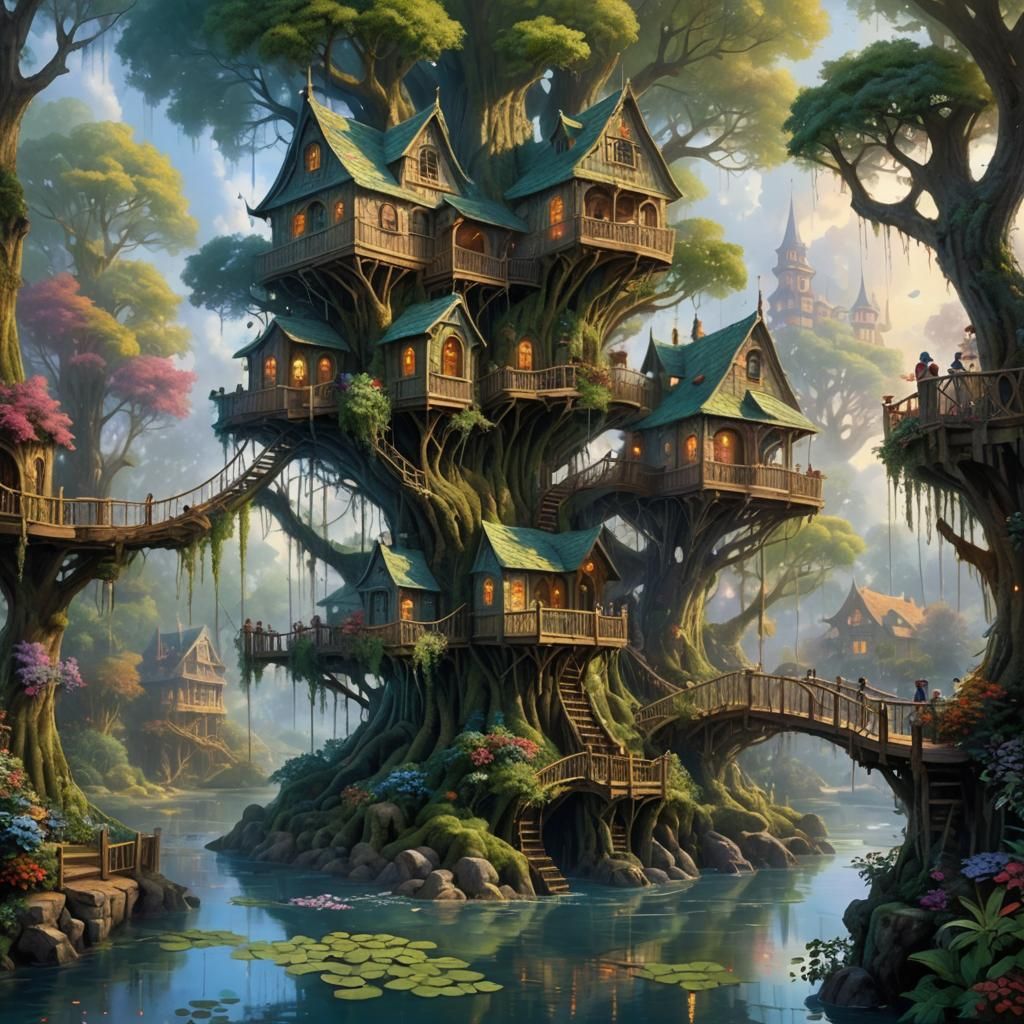 Ethereal Treehouse Village in a Misty Swamp