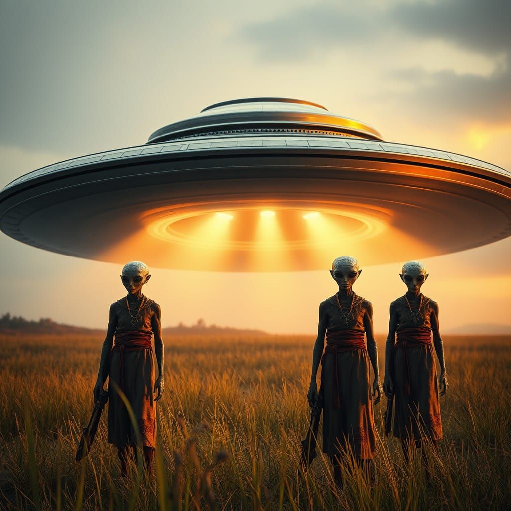 Massive Metallic Saucer UFO Surrounded by Inquisitive Aliens