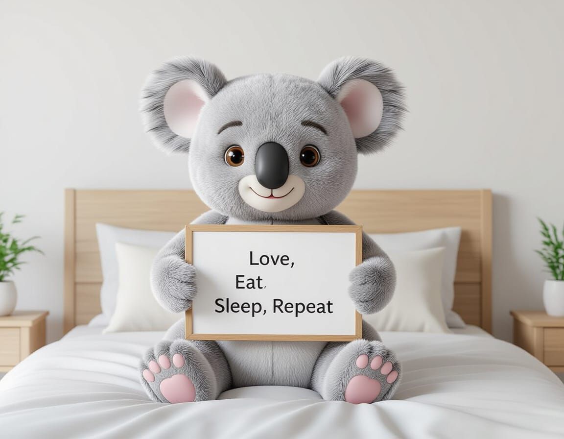 3D Cuddly Koala Holding Love Eat Sleep Repeat Sign