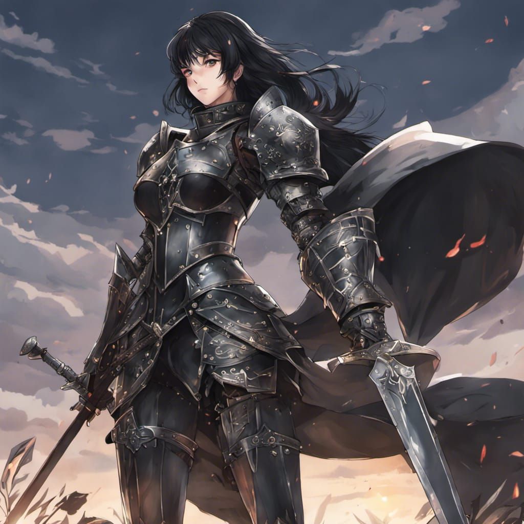 Anime Knight in Black Armor on Battlefield