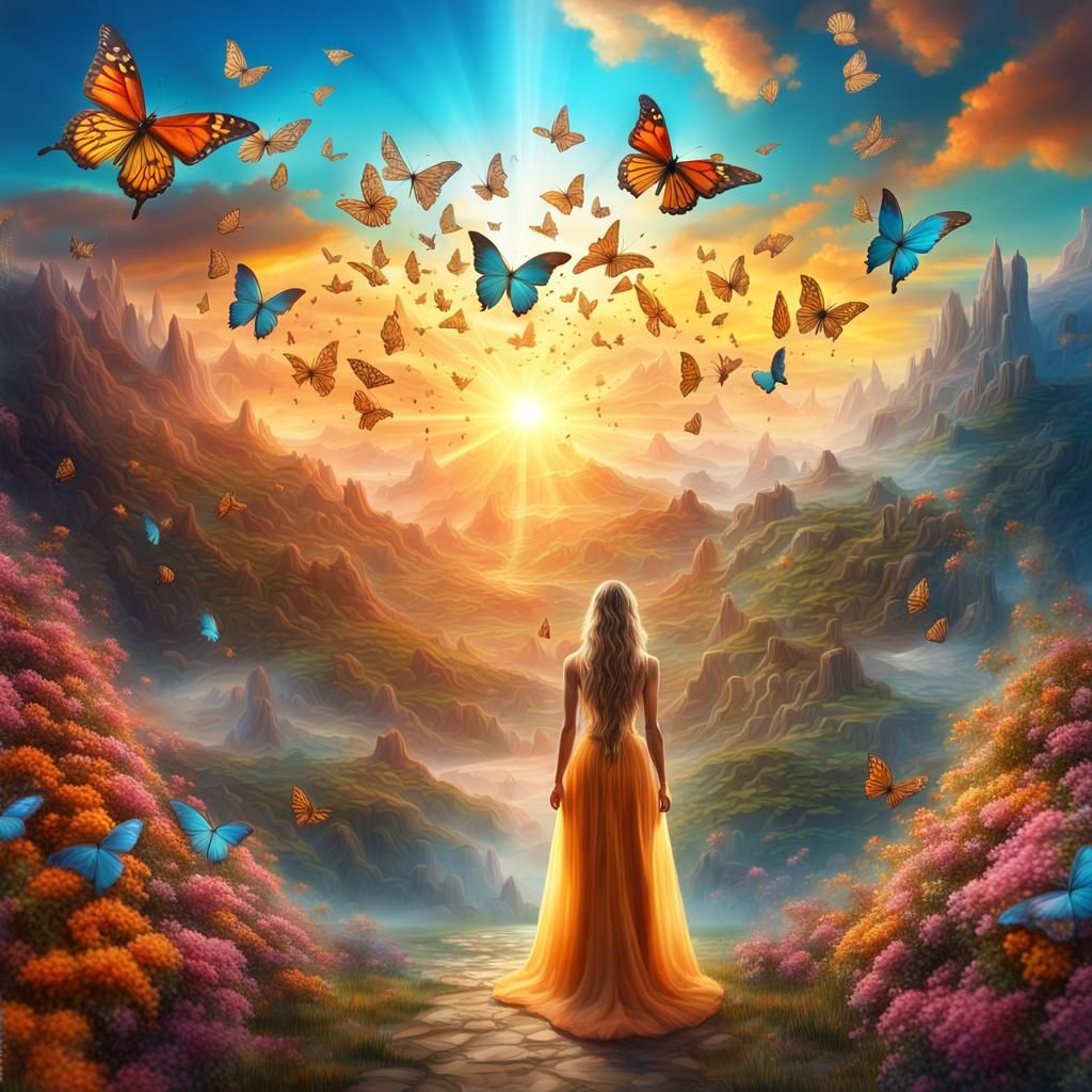 Fairytale Landscape with Goddess in Colorful Sky