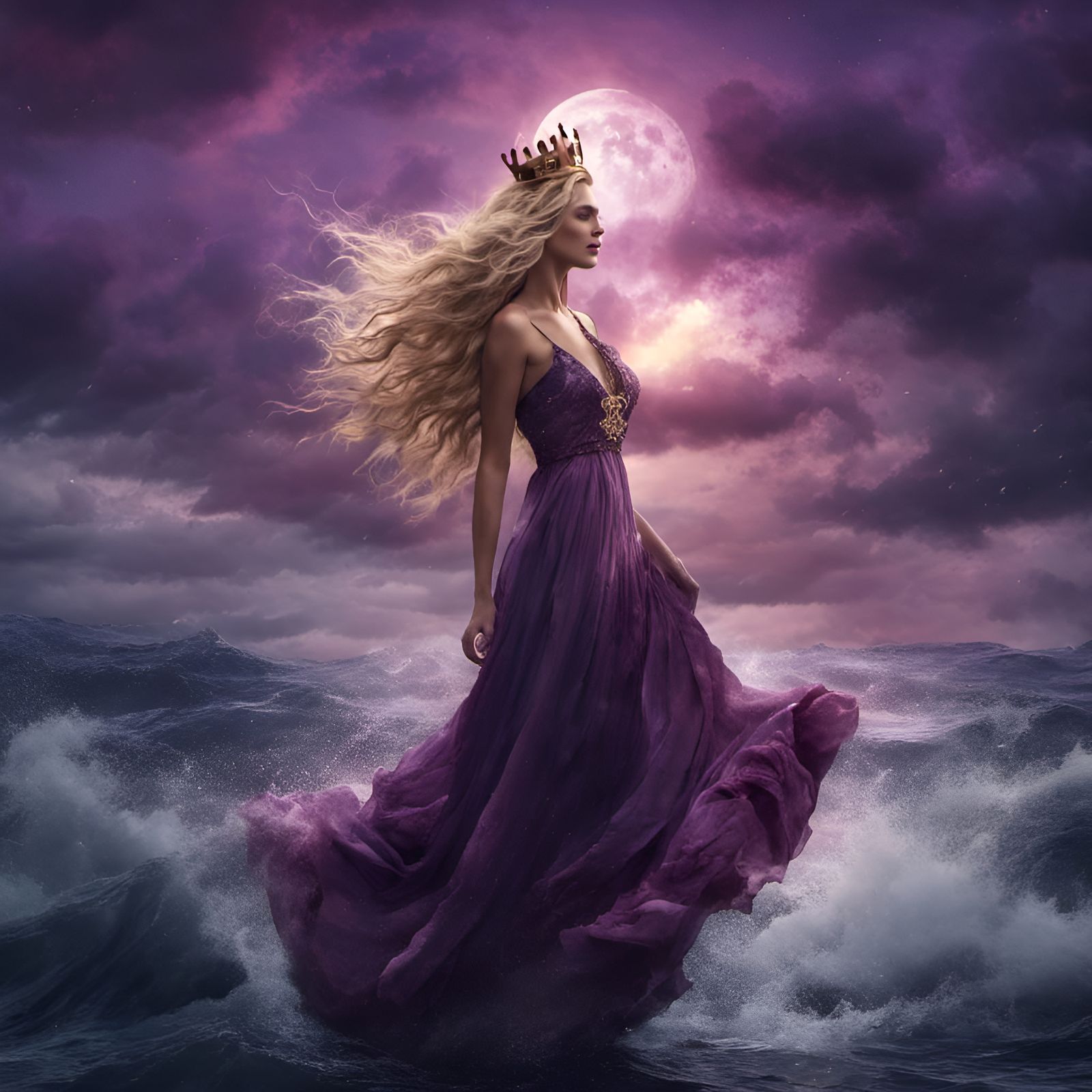 Blonde Woman Dancing on Chaotic Ocean, Dark Fantasy Art