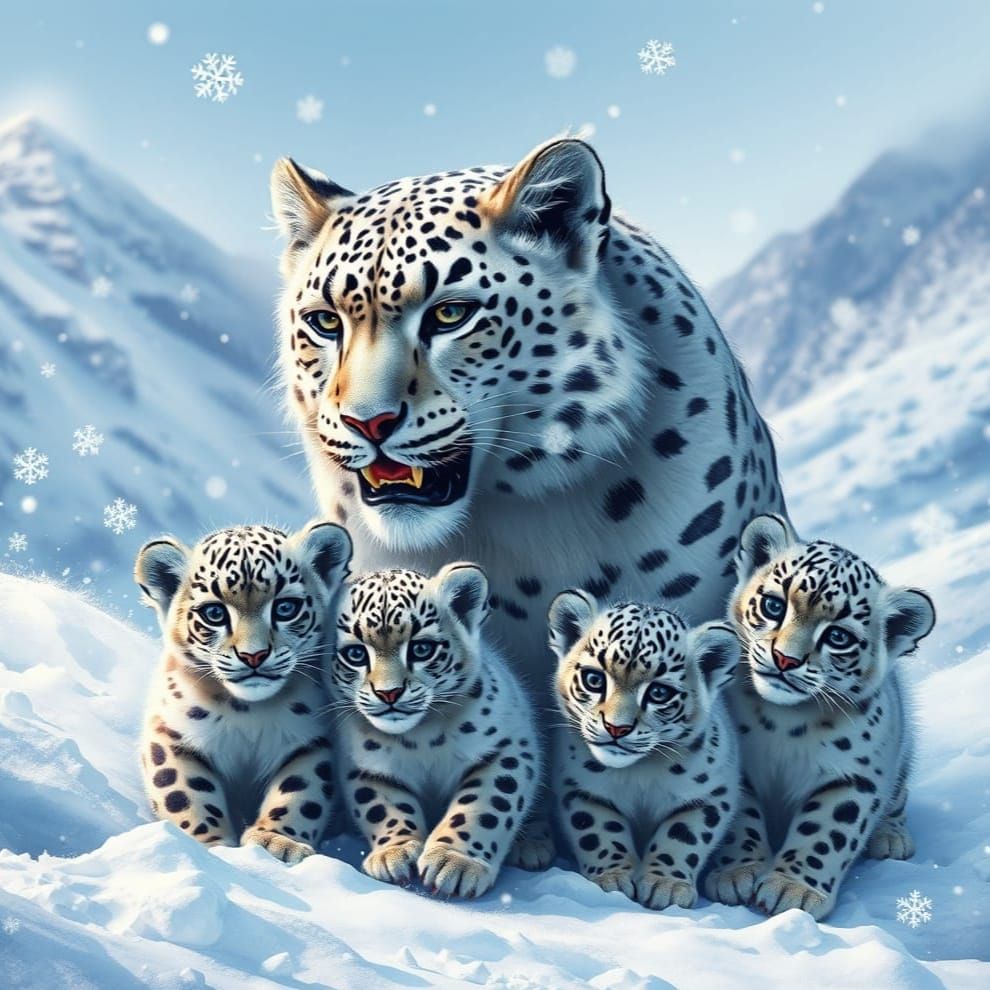 Snow Leopard Family in Winter Wonderland