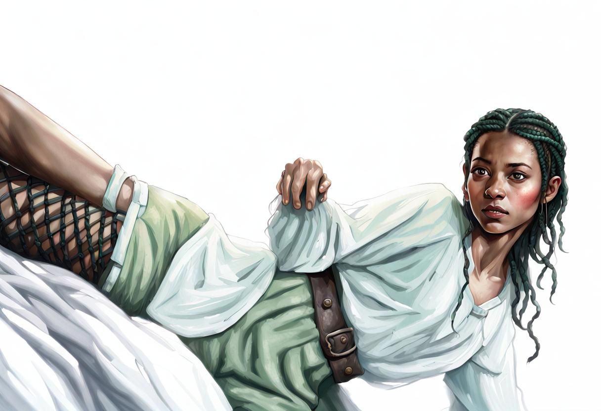 Hyperrealistic Hobbit Woman Kicking in Smokey Dark Room