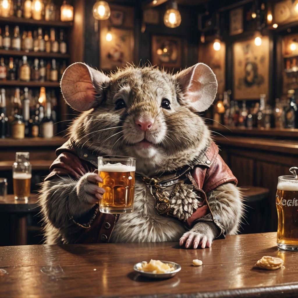 Drunk Cartoon Mouse Enjoying a Beer at the Bar