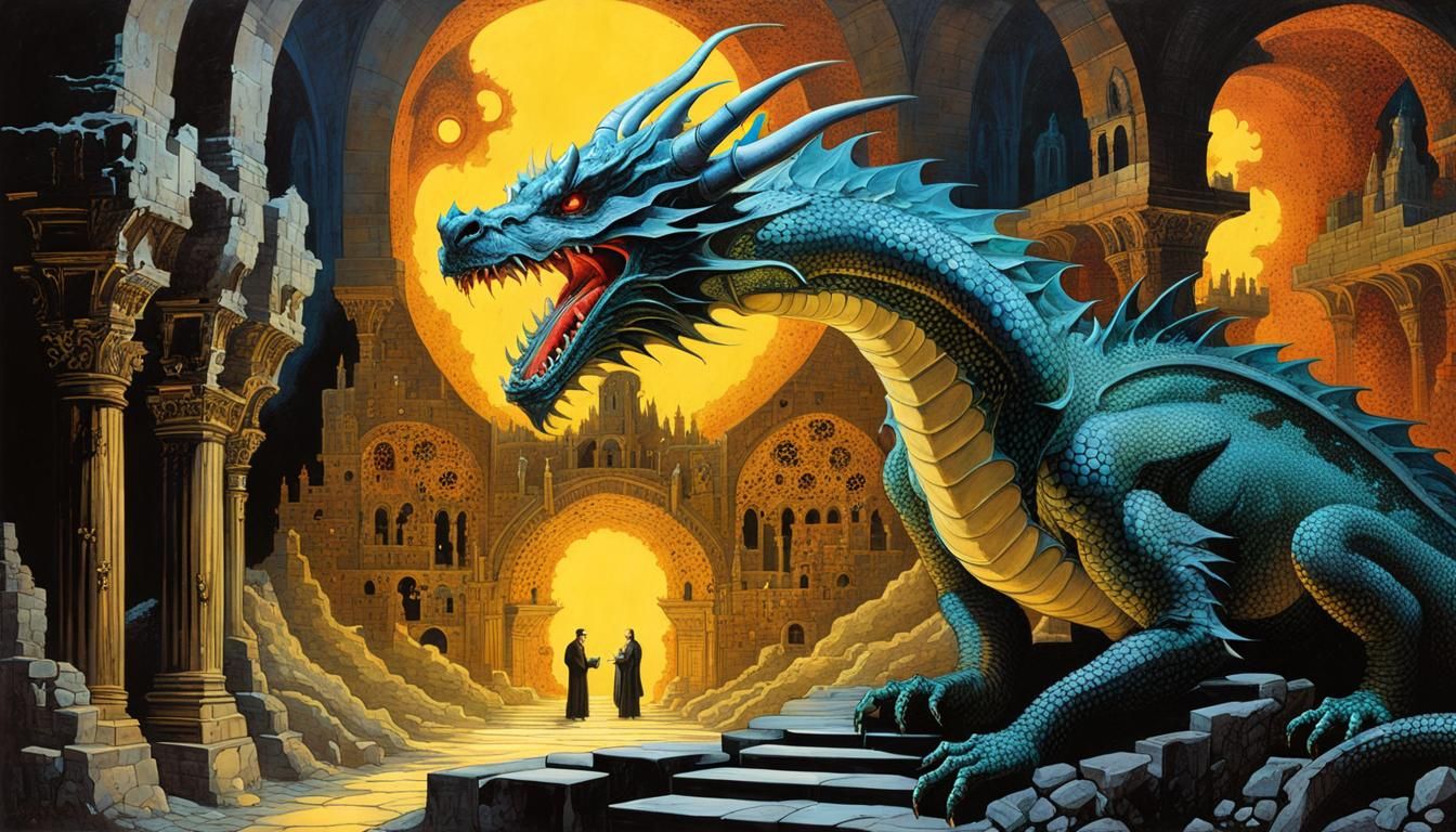 Glowing Fractal Dragon in Decaying Catacombs