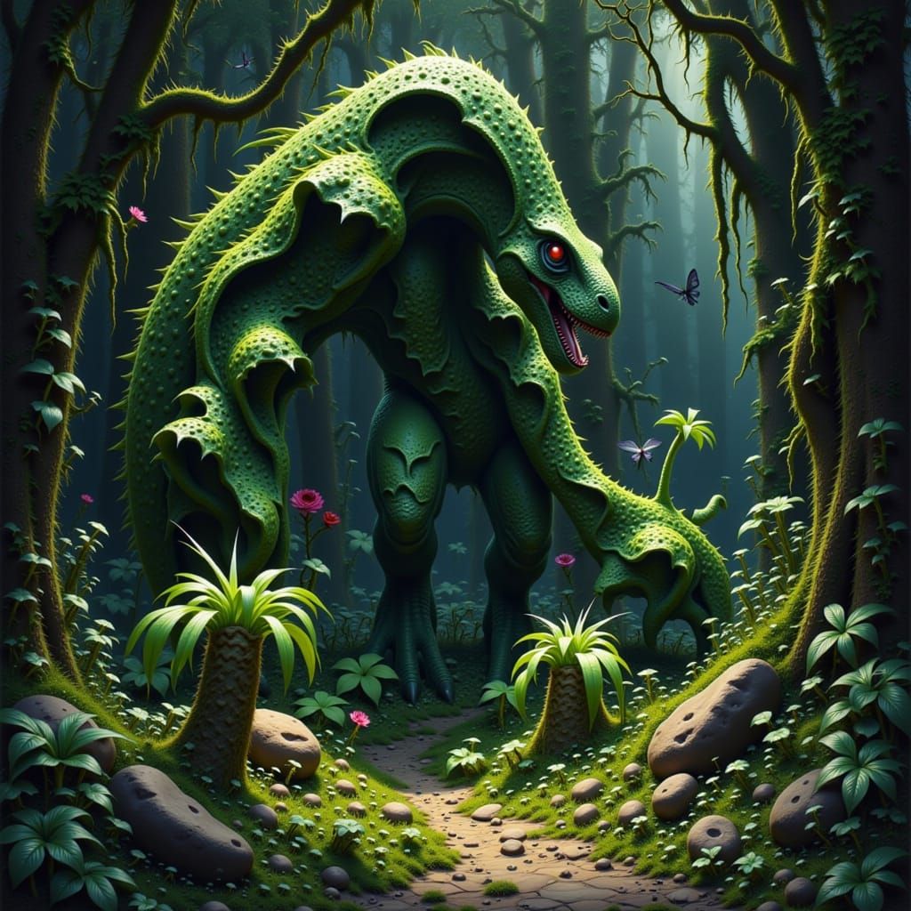 Verdant Vine Embracing Stone: A Surrealist OIl Painting