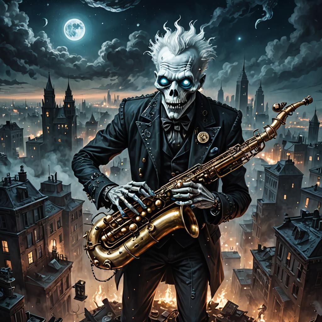 Steampunk Ghost Jazz Saxophonist in Gothic Cityscape