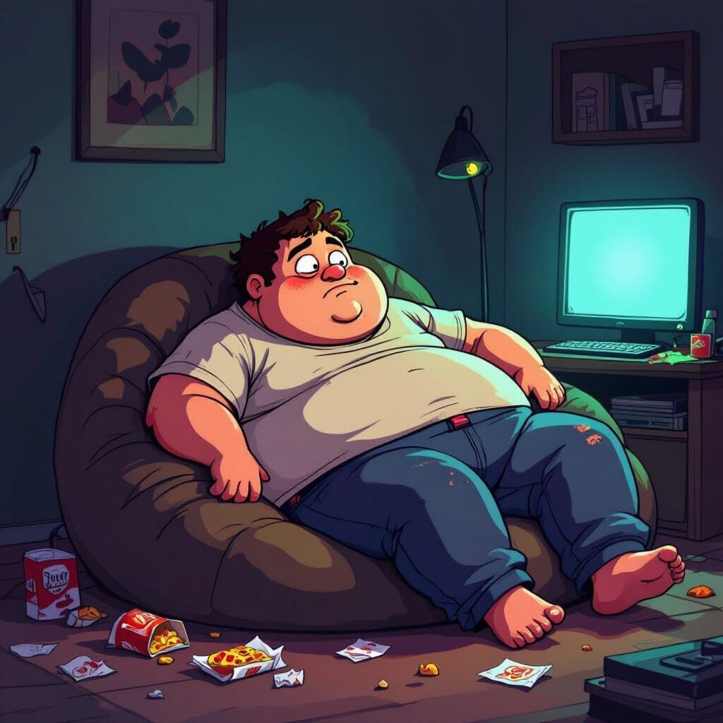 Grotesque Cartoon Character Lounging Lazily on Beanbag