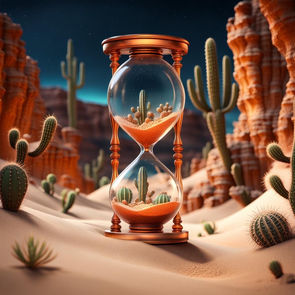 Crystal Hourglass Encapsulating Desert Canyon at Night