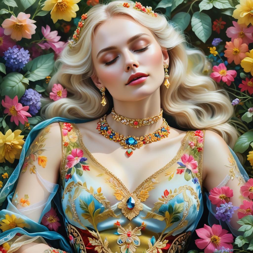 Angelic Blonde in Lush Garden: Oil Painting