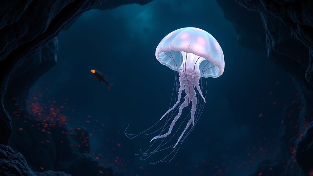 Bioluminescent Jellyfish Drifts Through Deep-Sea Cave in Vib...