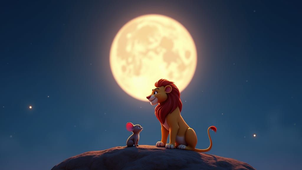 Lion and Mouse Under a Glowing Moonlit Sky