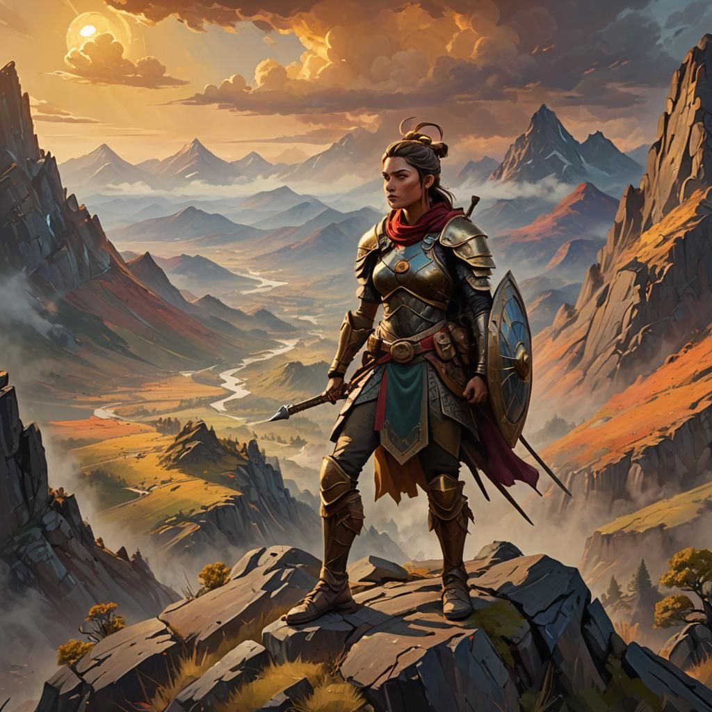 Female Warrior on Mountain Peak in Cartoon Realism
