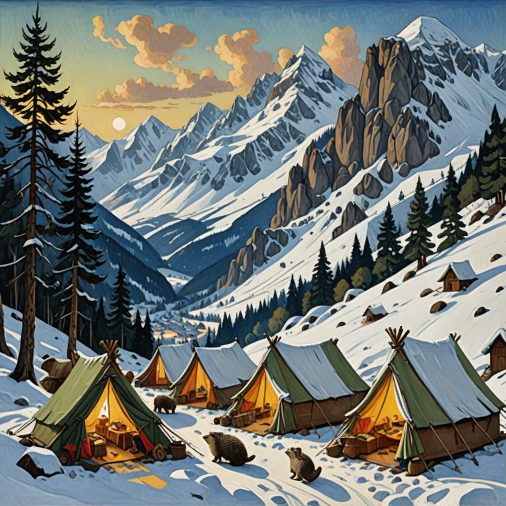 Winter Alps Hedgehog Camp in Impressionist Style