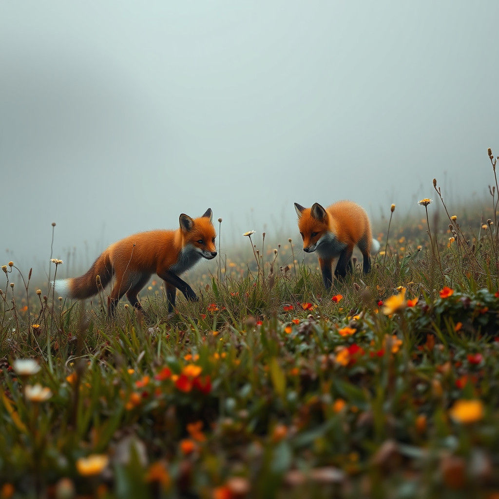 Foxes Frolic in Fog-Laden Autumn Field