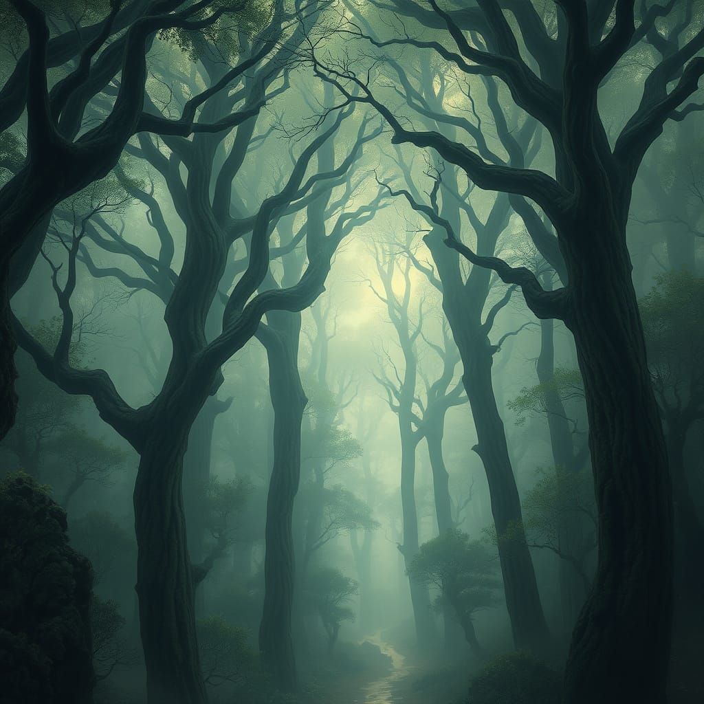 Ancient Forest Cathedral Veiled in Pearlescent Fog