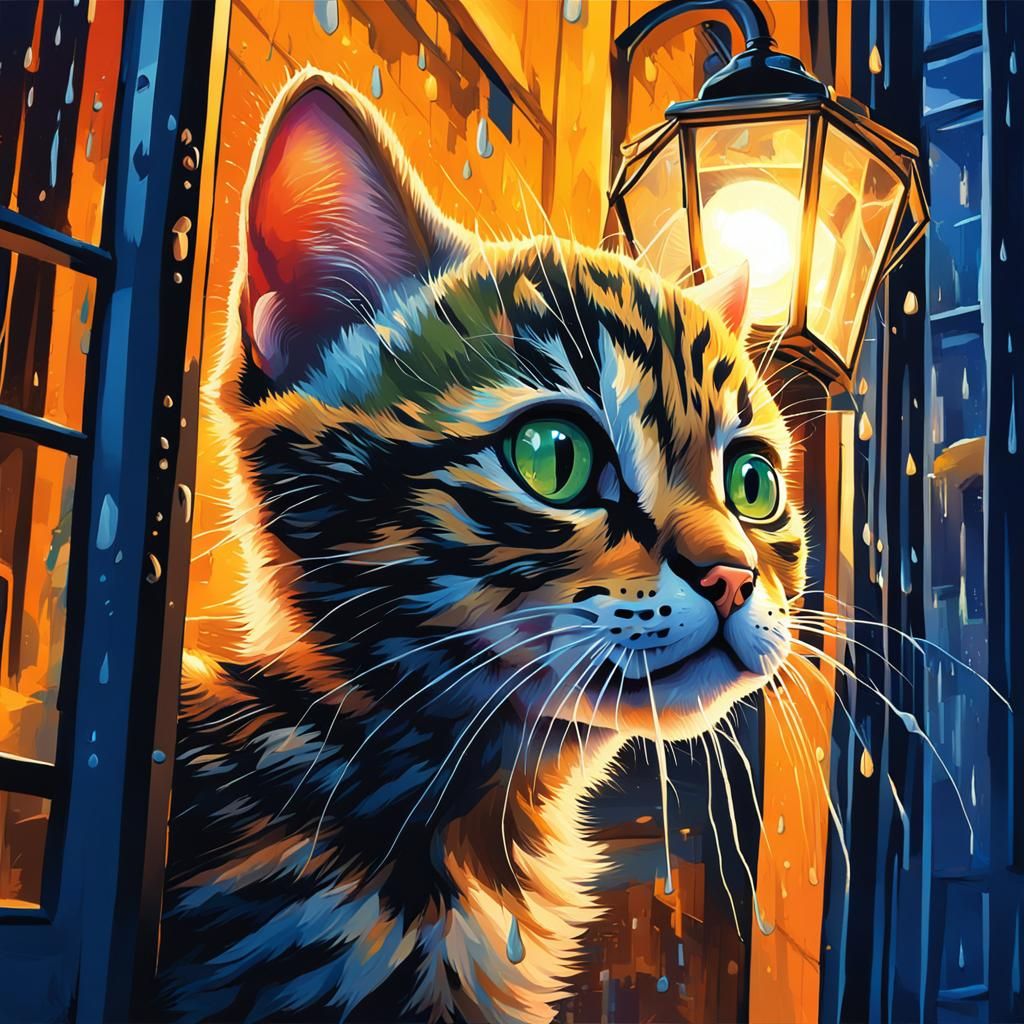 Tabby Kitten Gazing at Rainy Night: Hyperrealistic Splash Ar...