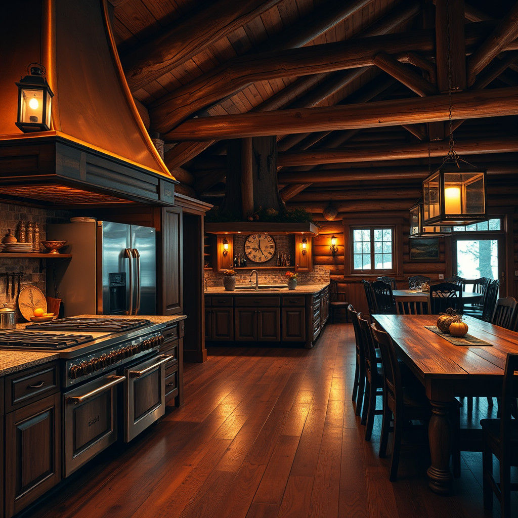 Rustic Log Cabin Kitchen with Golden Lighting