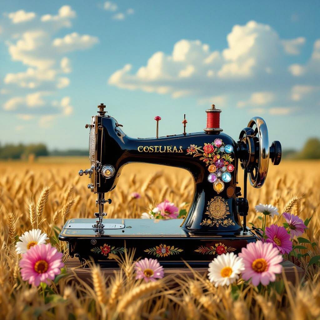 Vintage Sewing Machine with Heart Crystals and Flowers