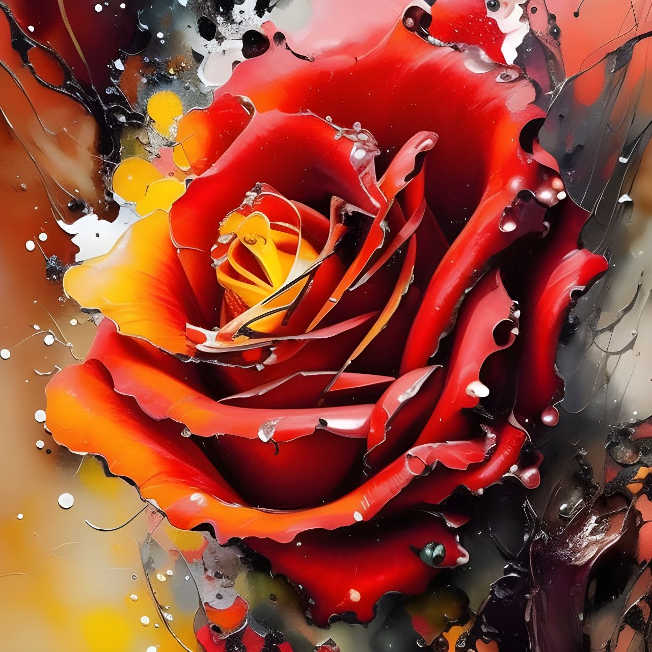 Detailed Fire Rose with Oil Splash as Gouache Illustration