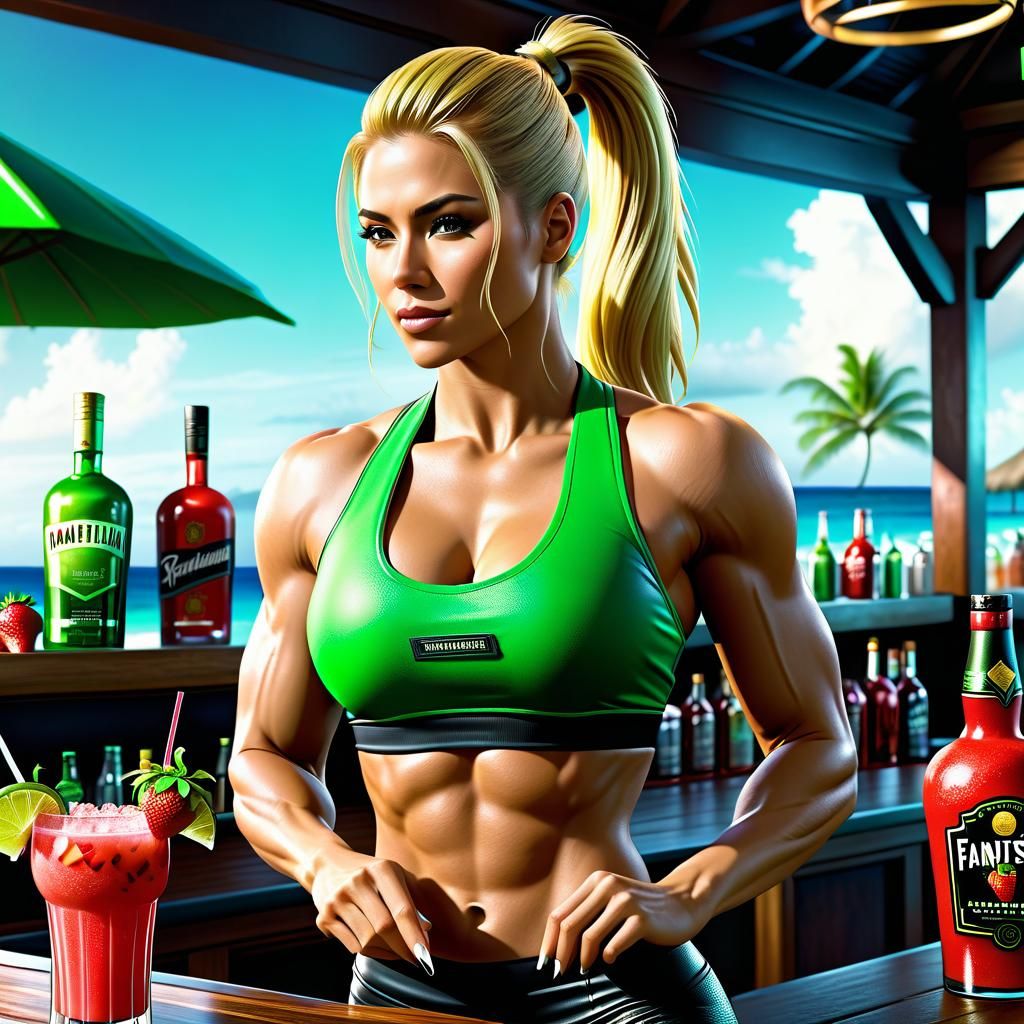 Cassie Cage undercover as a beach bartender at a Hawaiian be...