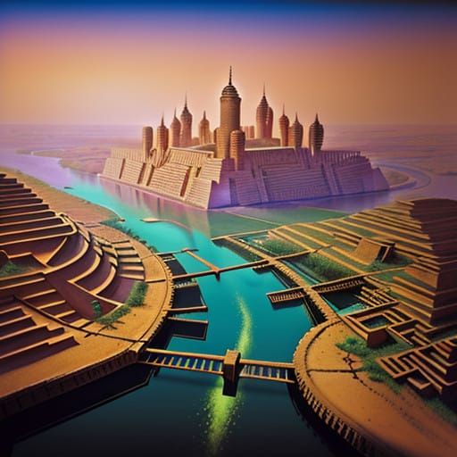 Surreal Babylon Cityscape at Sunset with Ziggurats and Palm....