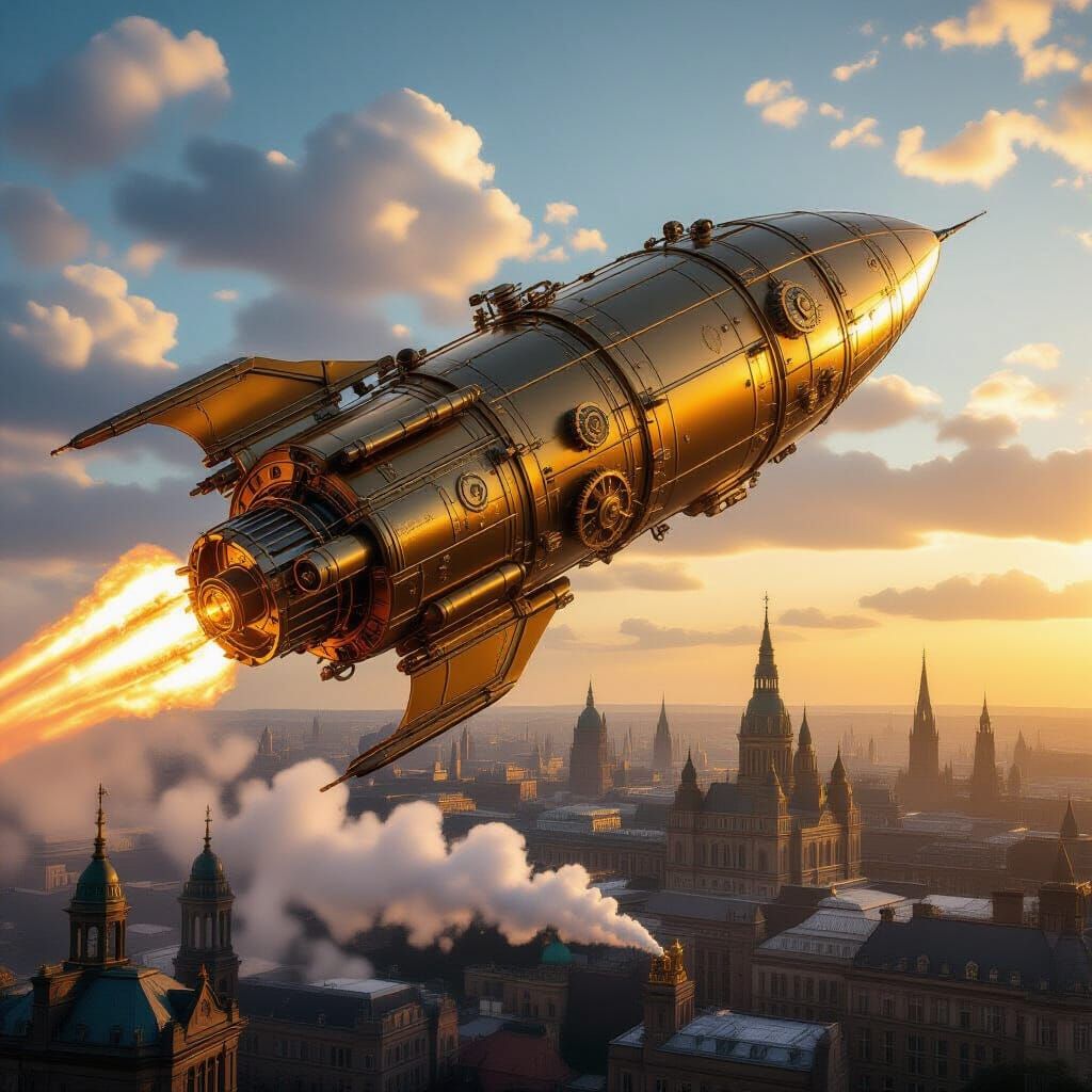 Steampunk Rocket Soars Above Victorian City
