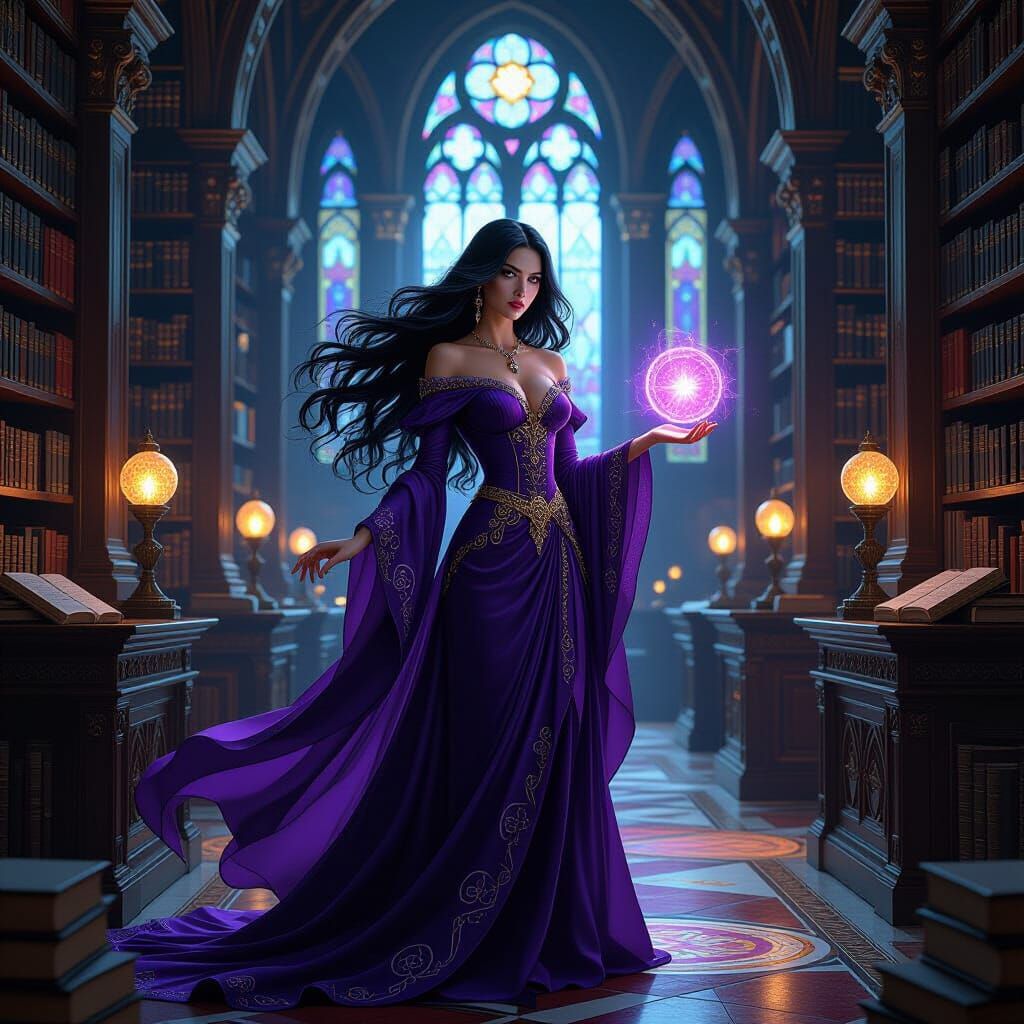 Sorceress in Grand Library: Matte Painting Style