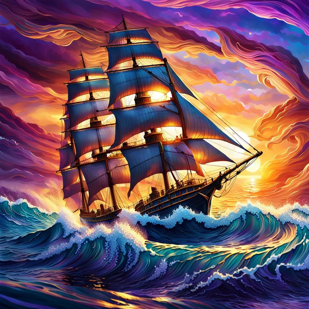 Breathtaking Sunset Sailing Ship in Fantasycore Style