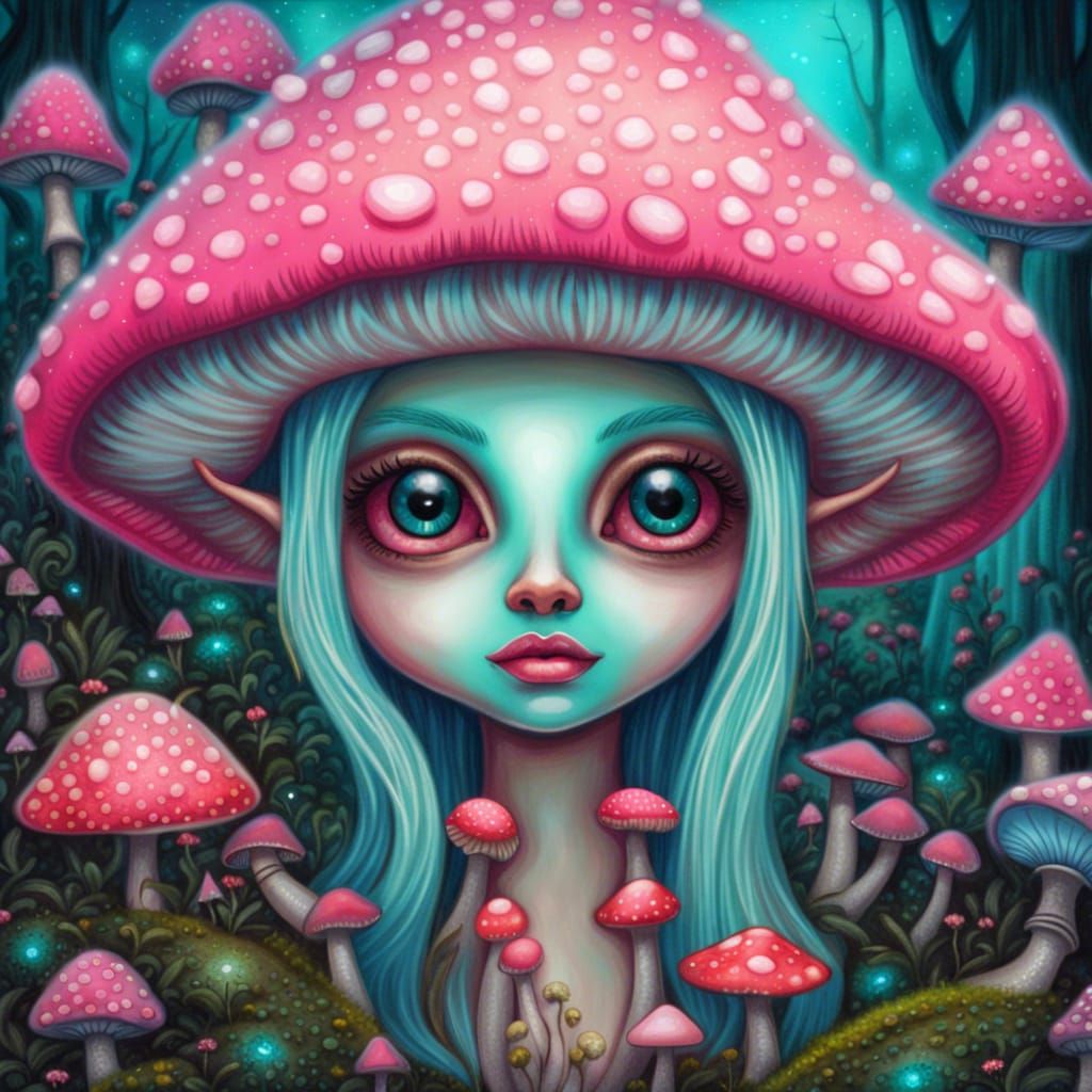 Shroom Queen Elf in a Pop Art Dot Painting