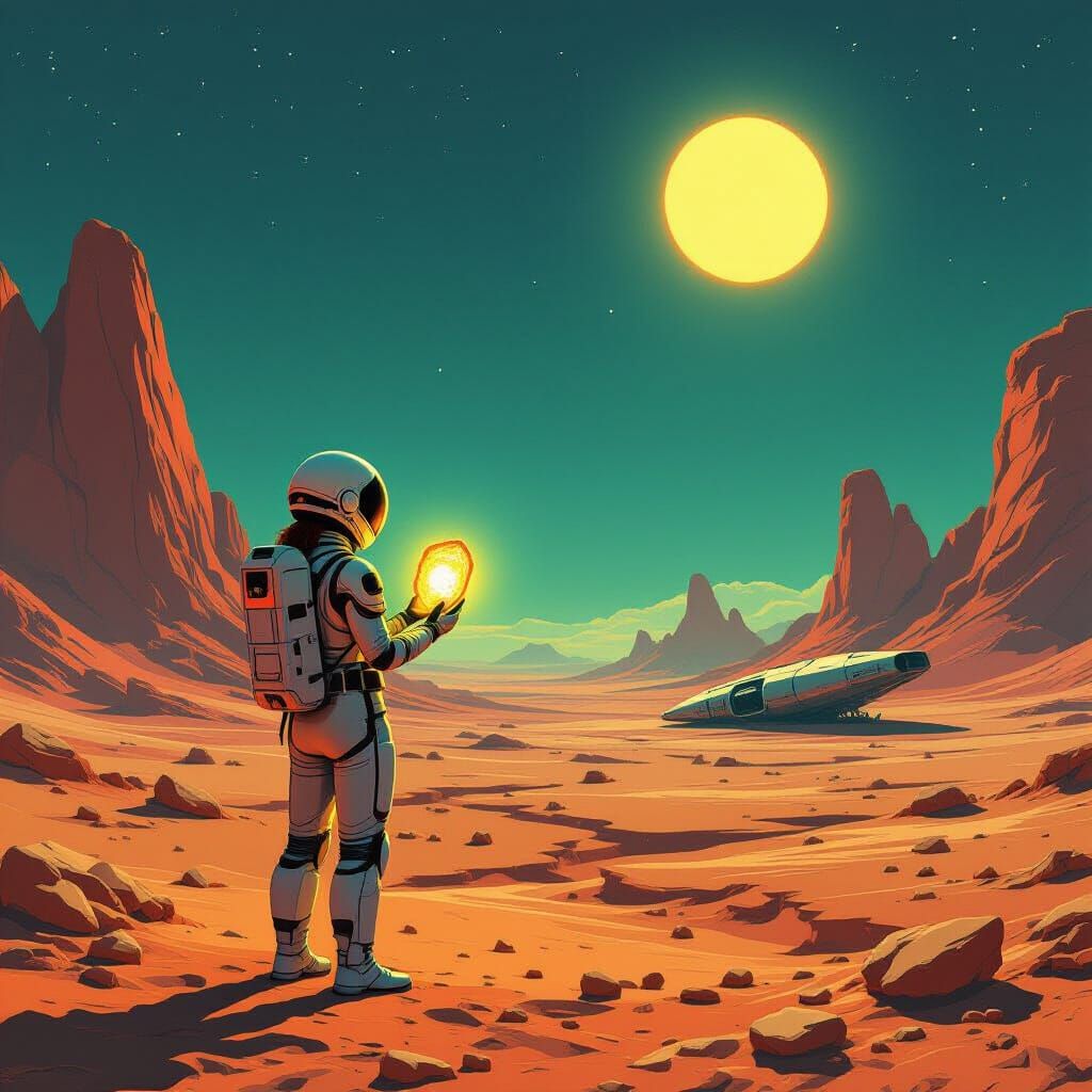 Lone Explorer on Alien World with Glowing Artifact