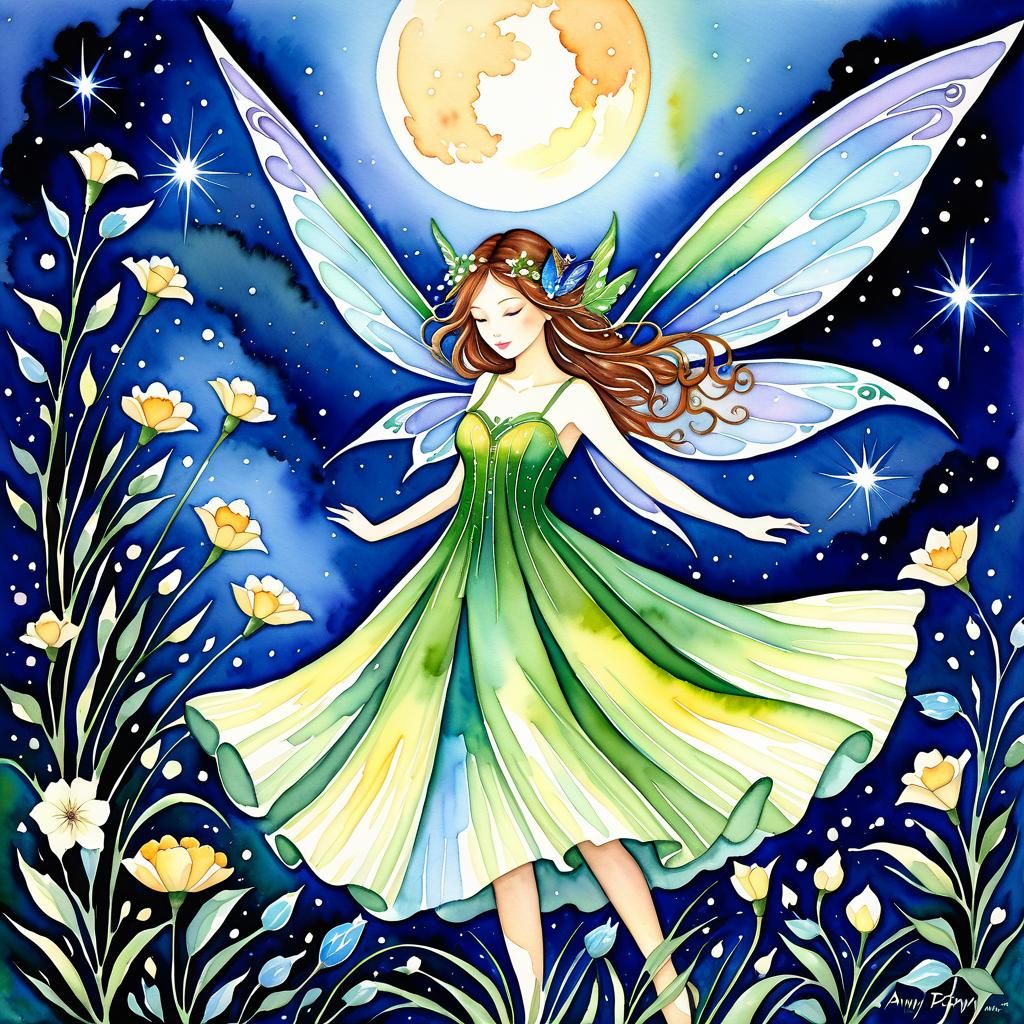 Enchanting Fairies Dancing in Moonlit Forest Watercolor