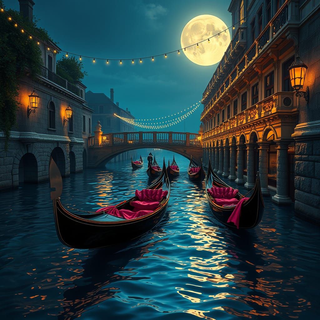 Gondolas Ride the Serene Moonlit Waterway with Sparkling Fai...