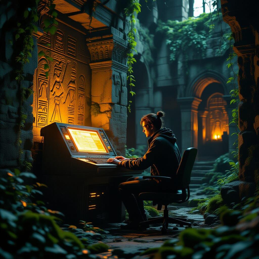 Programmer in Gothic Ruins with Ancient Hieroglyphs