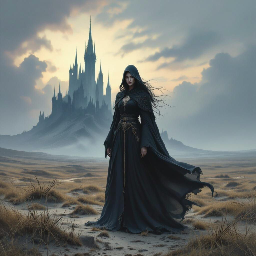 Sorceress on Windswept Moor with Spectral Castle