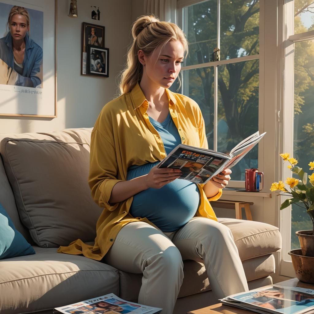 Pregnant Woman Reading: Vibrant Matte Painting