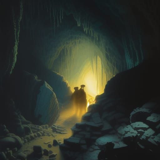 Mysterious Figures at Cave Opening: Detailed Acrylic Paintin...